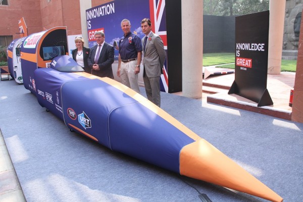 From L to R: Gill Caldicott, Director Operations, British Council India; Iain Gray, Chief Executive Officer of the UK’s Innovation agency- Innovate UK; Wing Commander Andy Green, BLOODHOUND SSC Pilot and Richard Everitt, Director Education, British Council India unveiling the BLOODHOUND SSC Show Car in New Delhi