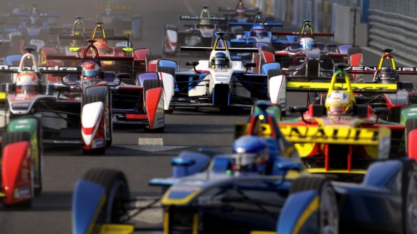 Formula E cars drive into a corner during the Formula E Championship race in Beijing September 13, 2014. The inaugural Formula E Championship, which according to its organisers is the world's first fully electric racing series, will be contested by 10 two-driver teams over 10 rounds. REUTERS/Barry Huang (CHINA - Tags: SPORT MOTORSPORT SCIENCE TECHNOLOGY) - RTR462K9