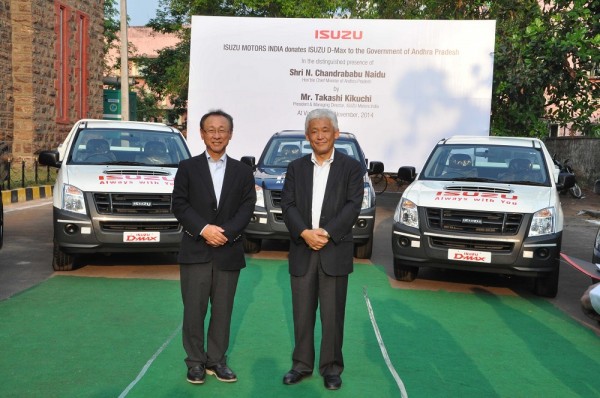Mr. Takashi Kikuchi, MD and Mr. Shigeru Wakabayashi, DMD, Isuzu Motors India with D-Max vehicles
